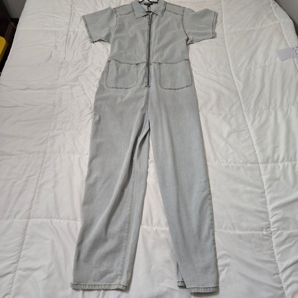 Steve Madden Womens Light Wash Denim Jumpsuit Short Sleeve Boiler Suit L